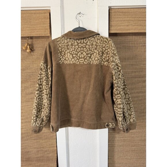 Love Riche Cheetah Corduroy Mixed Media Brown Cotton Linen Jacket Size Large - Picture 2 of 5